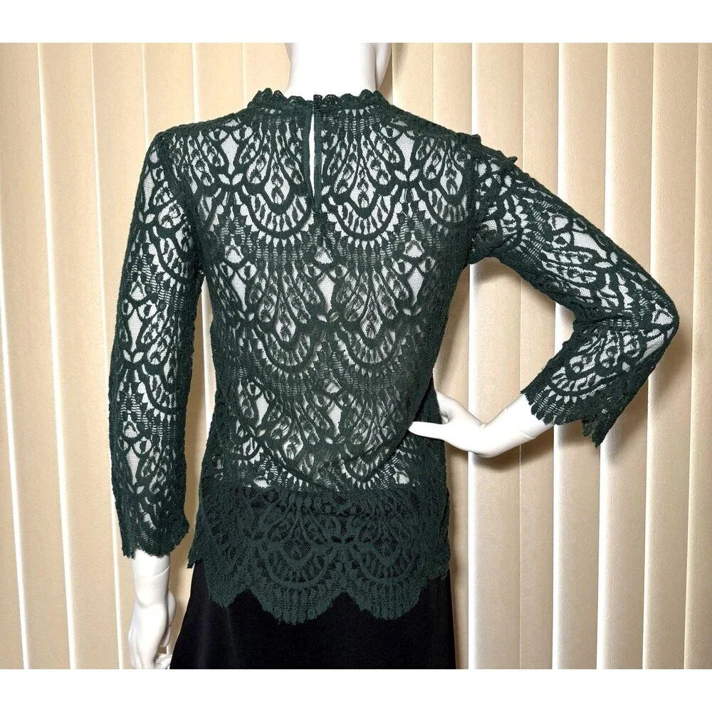 Zara Basic Collection Green Lace Blouse Size Small Sheer Scalloped Top